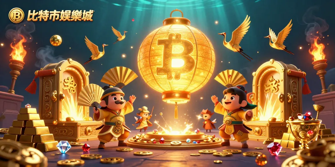 比特幣娛樂城的繁華場景,展現金色燈籠精靈與勇士們的互動,充滿寶藏與幸運符號。