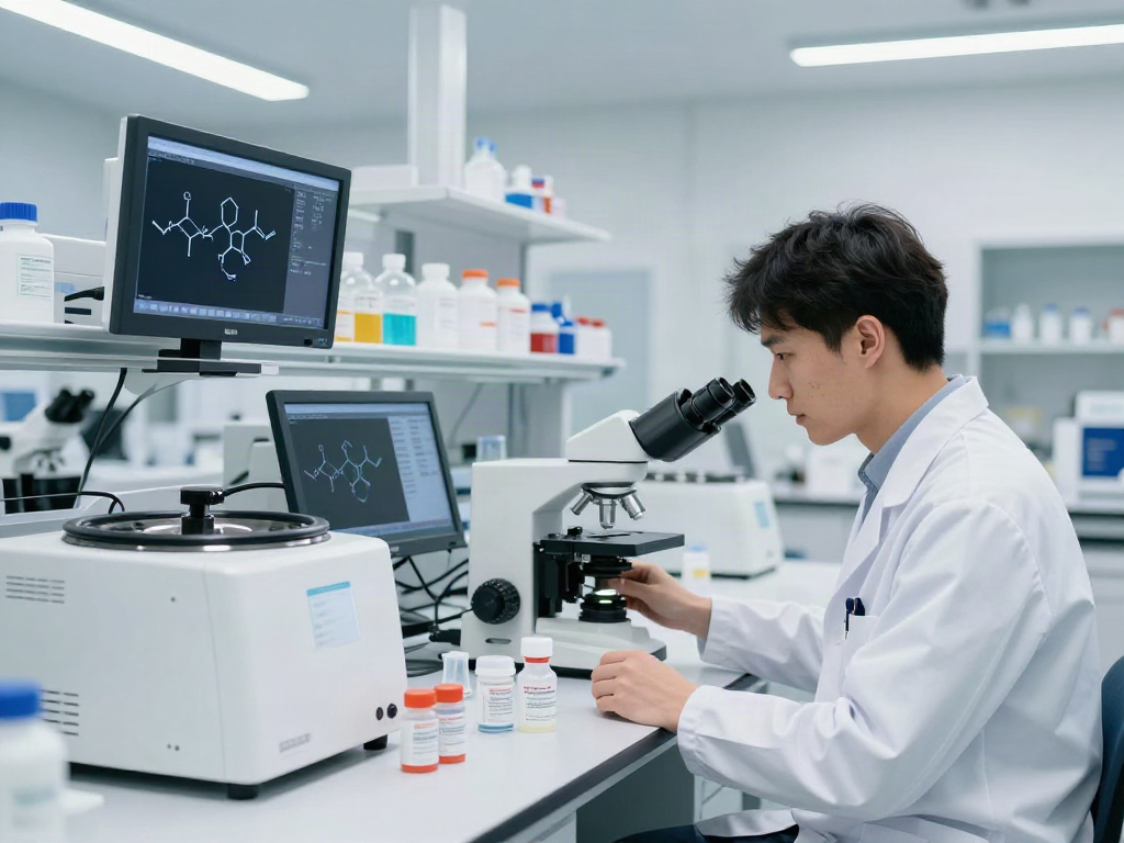 Scientist analyzing Swiss Chems products in a high-tech laboratory.