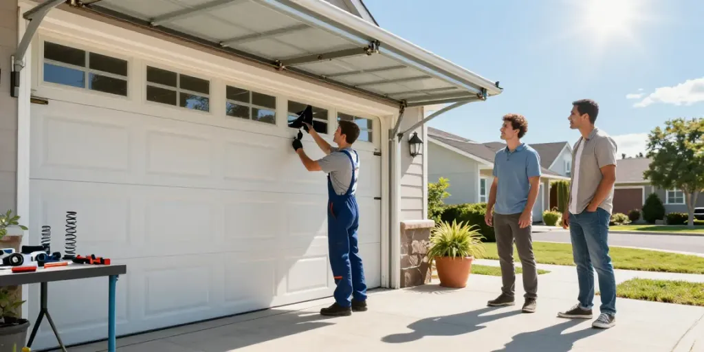 Technician repairing a broken garage door in a sunny suburban setting.