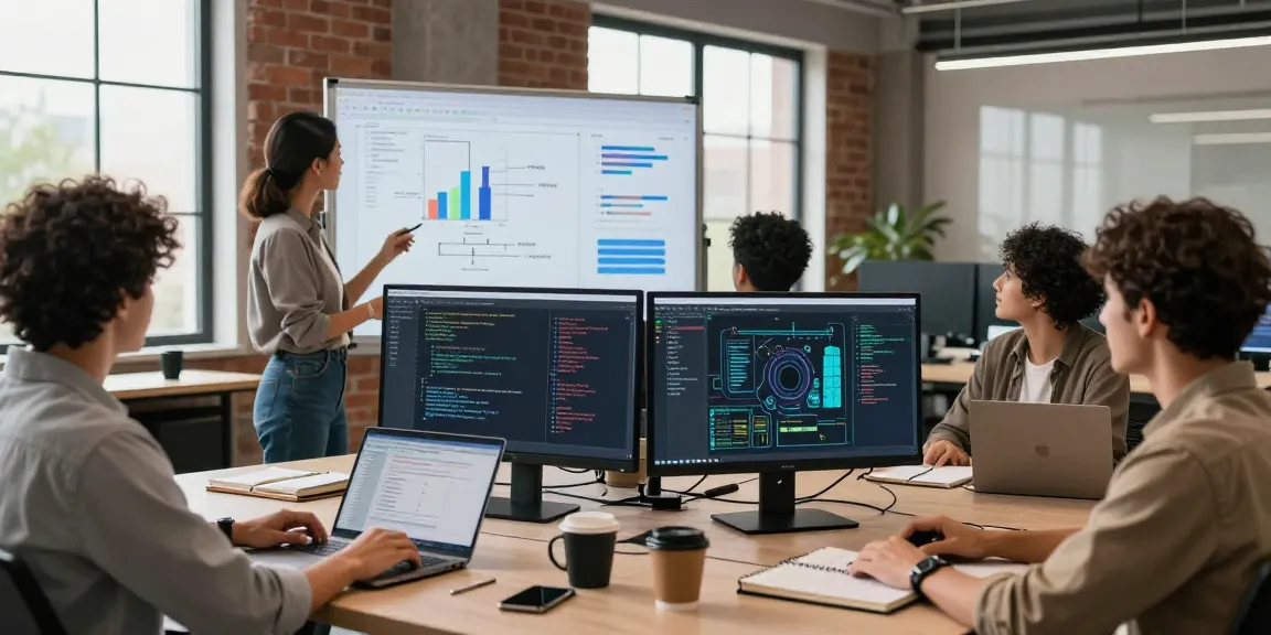 A diverse team collaborating on AI automation projects in a tech workspace, showcasing innovation and teamwork.
