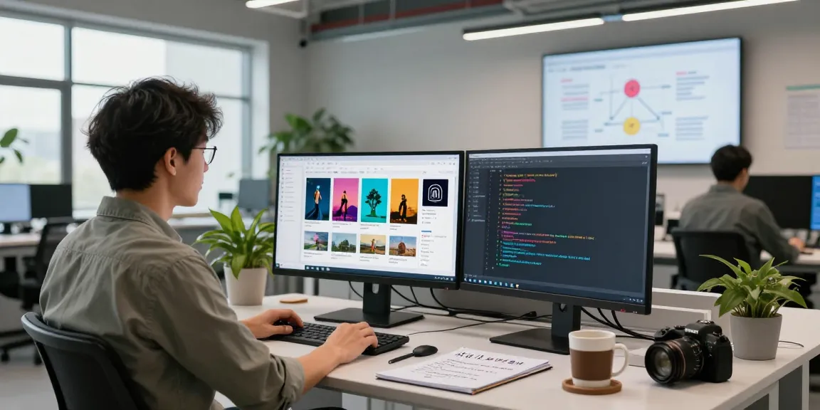 AI image checker analysis results on a modern data scientist's dual monitors in a high-tech lab environment.