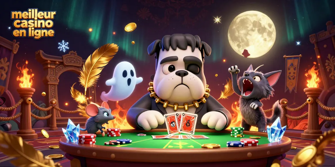 Jouer dans un meilleur casino en ligne avec un bulldog Frankenstein et un chat loup, ambiance de jeux fantastiques.