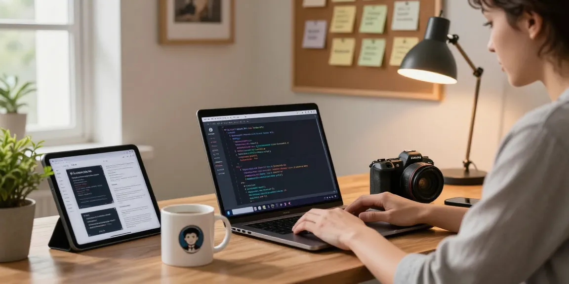 Workspace showcasing a developer coding the 纸飞机中文版 app in a cozy home office.
