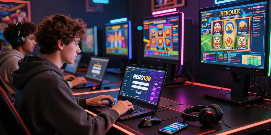 Players engaging with the HERO138 link in an exciting online casino environment, showcasing vibrant gaming elements.