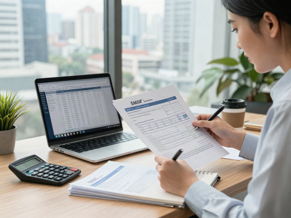 Preparing an SMSF tax return in a modern office with financial documents and a focused accountant.
