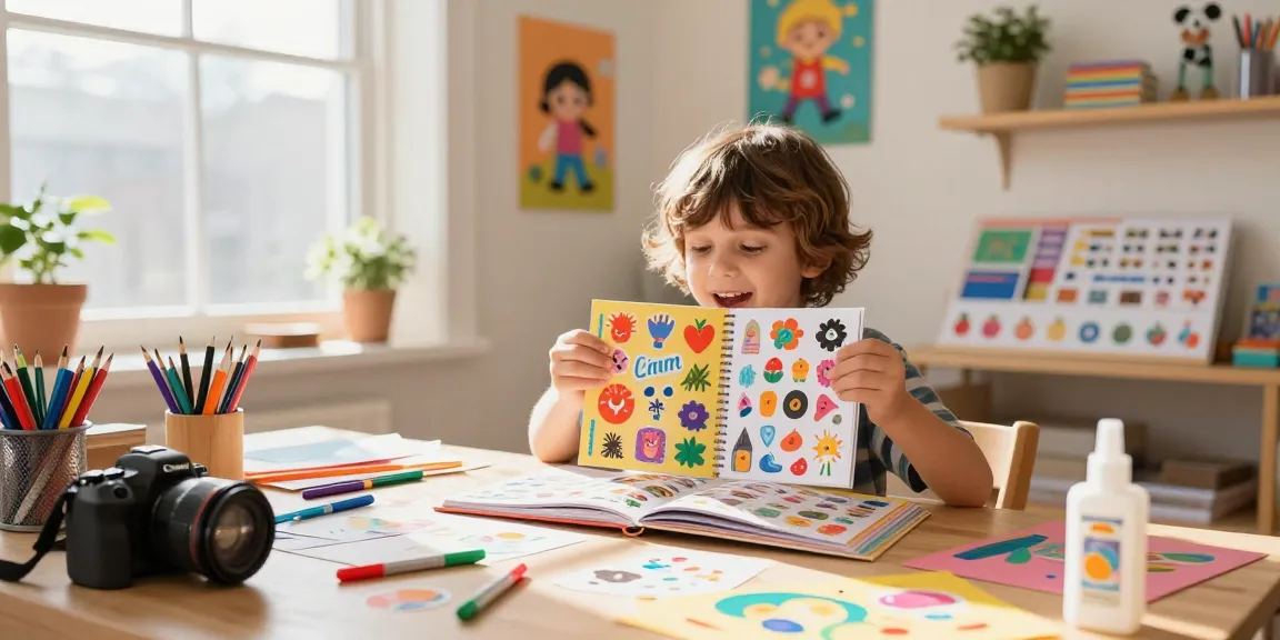 Child engaging with a custom reusable sticker book amidst colorful craft supplies in a bright room.