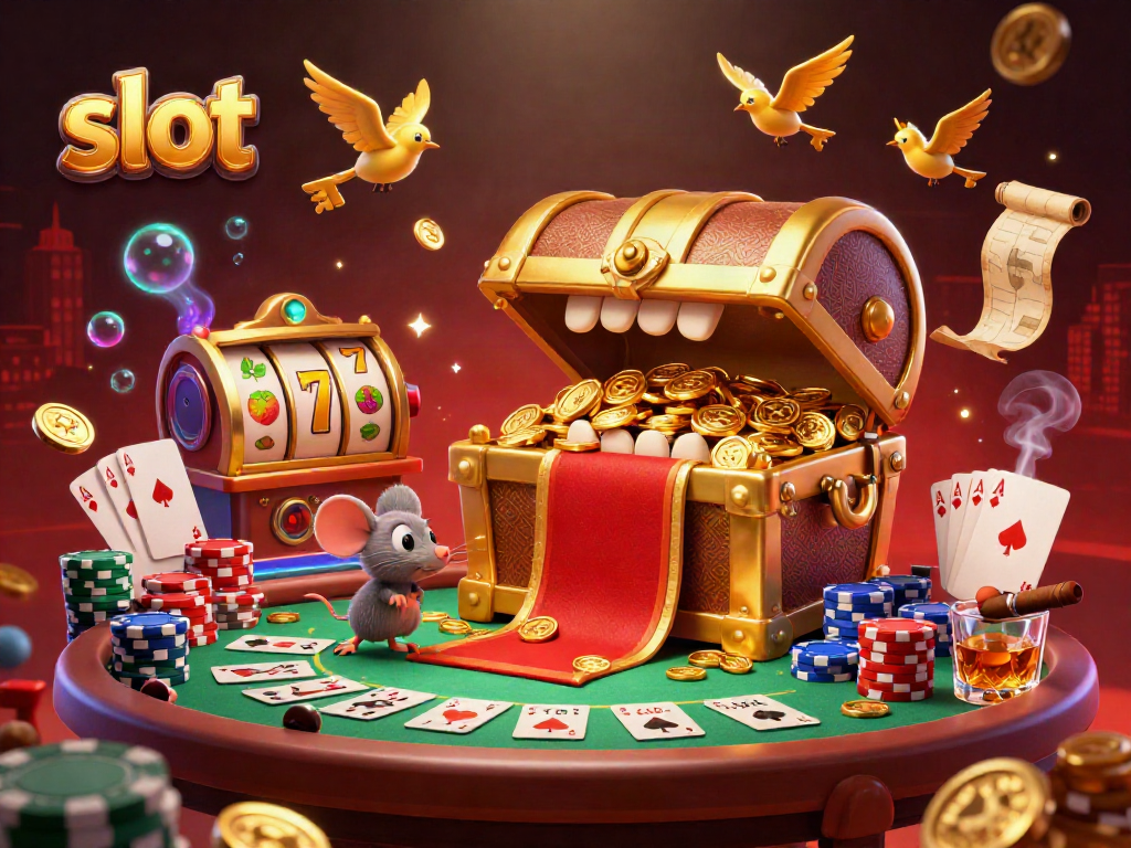 Slot dengan mesin permainan dan simbol keberuntungan yang menarik perhatian pemain di kasino.