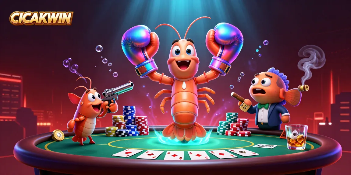 CICAKWIN showcases a lively poker scene with a mantis shrimp and friends engaged in thrilling gameplay.