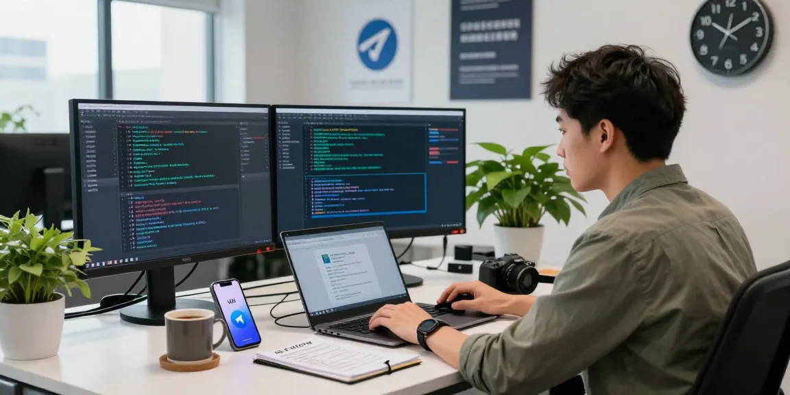 Technician troubleshooting telegram china fix error in a modern workspace with tech tools and VPN settings.