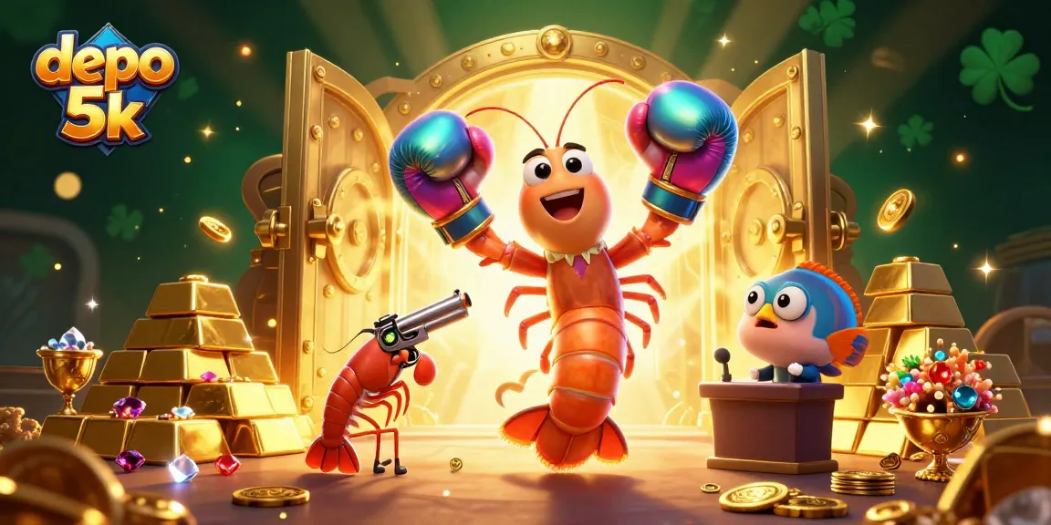 Experience exhilarating gameplay at depo 5k with vibrant casino elements like gold treasures and lively sea creature characters.