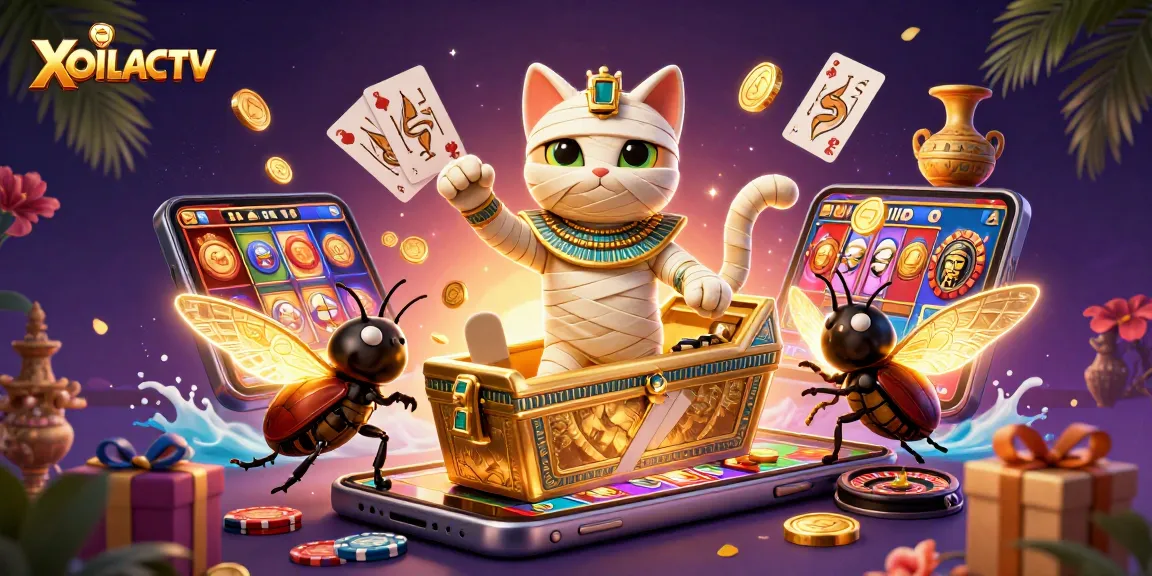 Engage with XOILACTV in a vibrant casino scene featuring a mummy cat and scarab beetle!