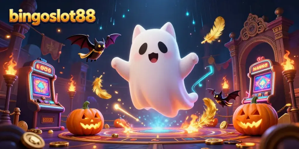 Melihat bingoslot88, kucing hantu melayang di kasino angker bersama vampir kecil dan labu poker yang bersinar.