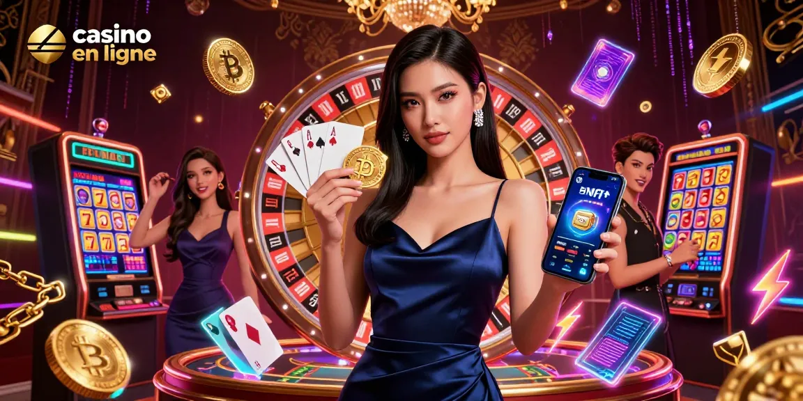 Vivez l'excitation du casino en ligne avec une magnifique femme asiatique tenant un jeton doré et un smartphone.