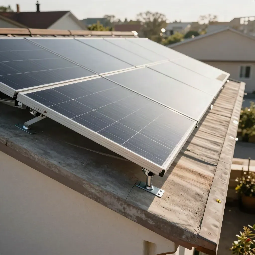 Solar panels nearing completion on a clean residential roof, lit by bright directional sunlight.
