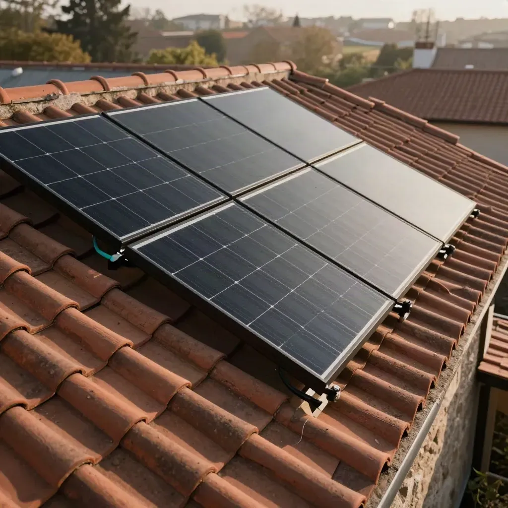 Sunlit terracotta roof with matte-black solar panels and tidy conduit