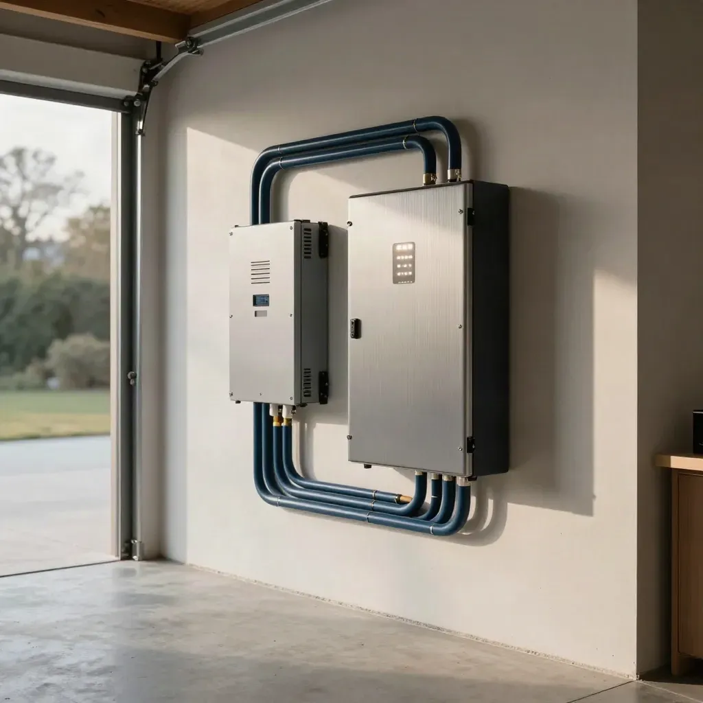 Garage battery cabinet with inverter and glowing indicators, ready for backup power