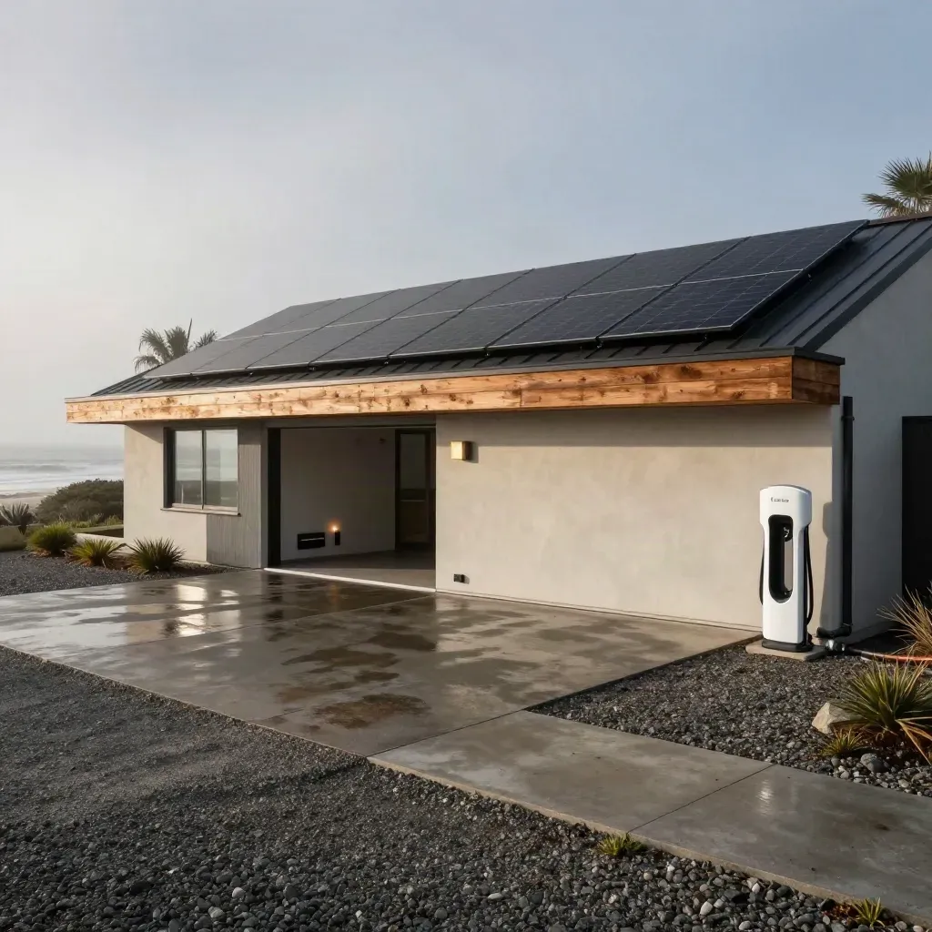 Coastal home with solar panels, garage battery glow, and driveway EV charger in dawn haze.