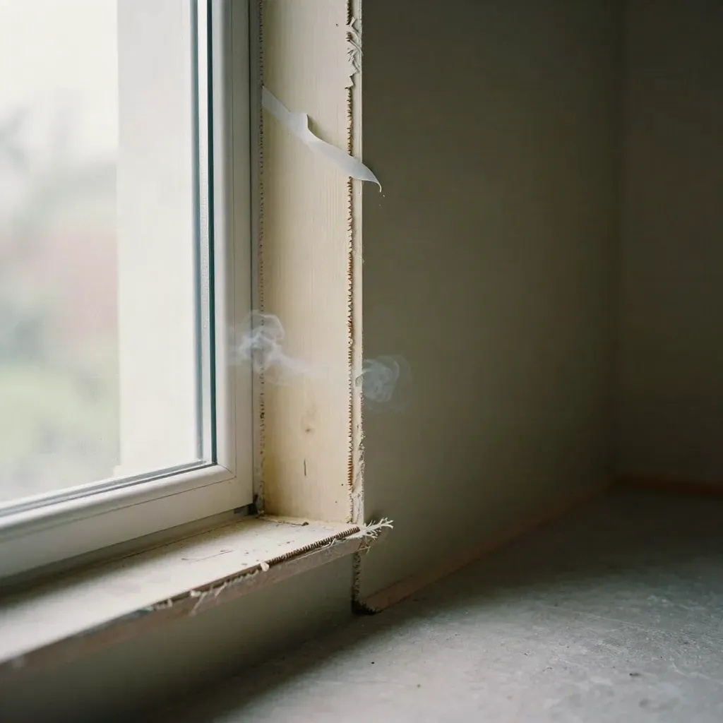 Cinematic draft-check interior with smoke tracing air leaks around a sealed window.