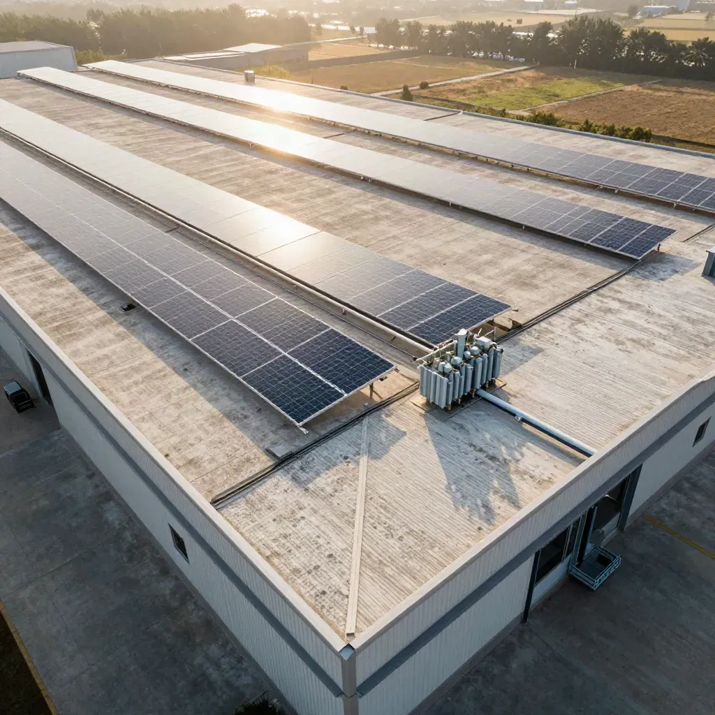 Oblique aerial of a warehouse roof with finished solar rows and rooftop equipment in warm sunlight.