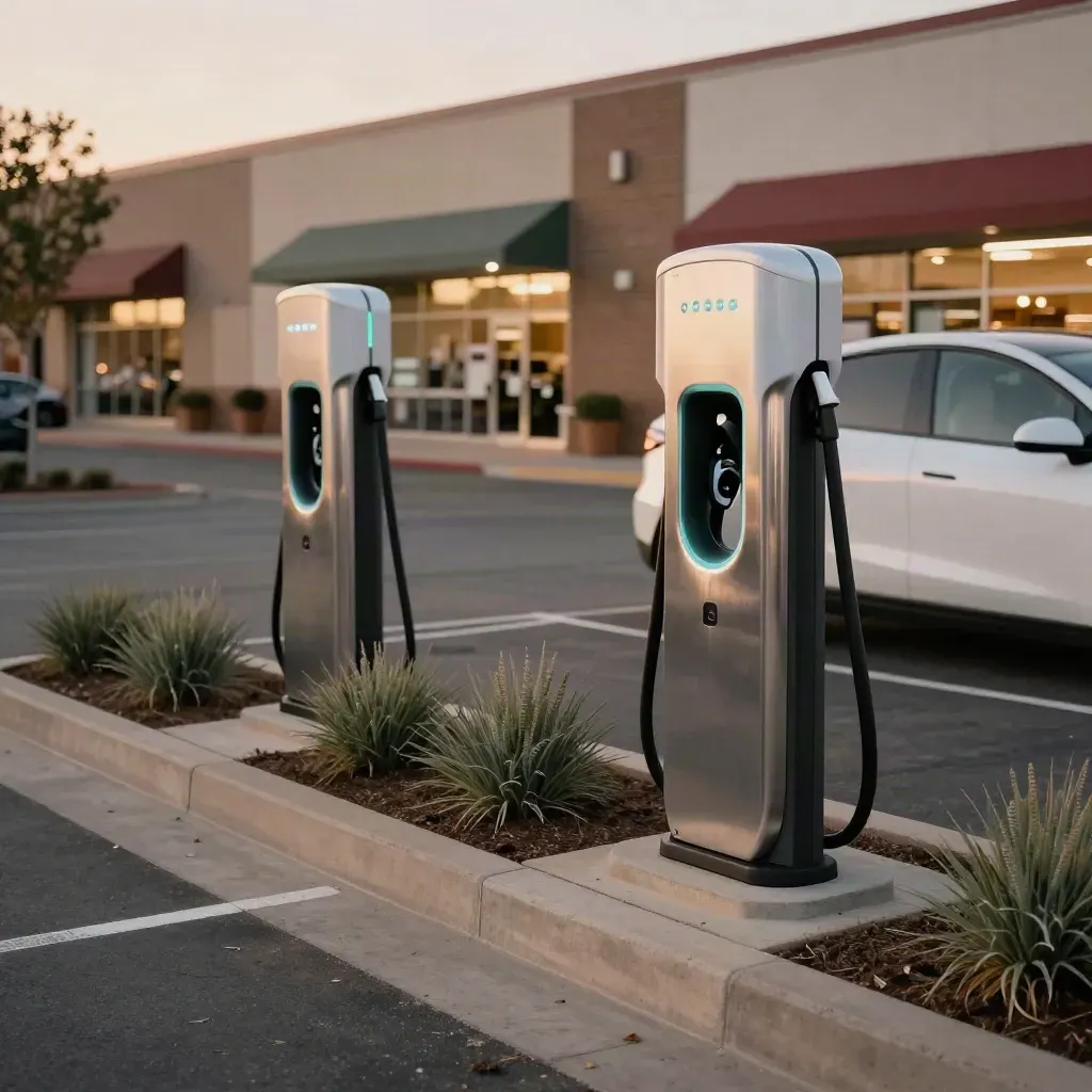 Two EV chargers beside a parked electric car in a strip-mall court at dusk.