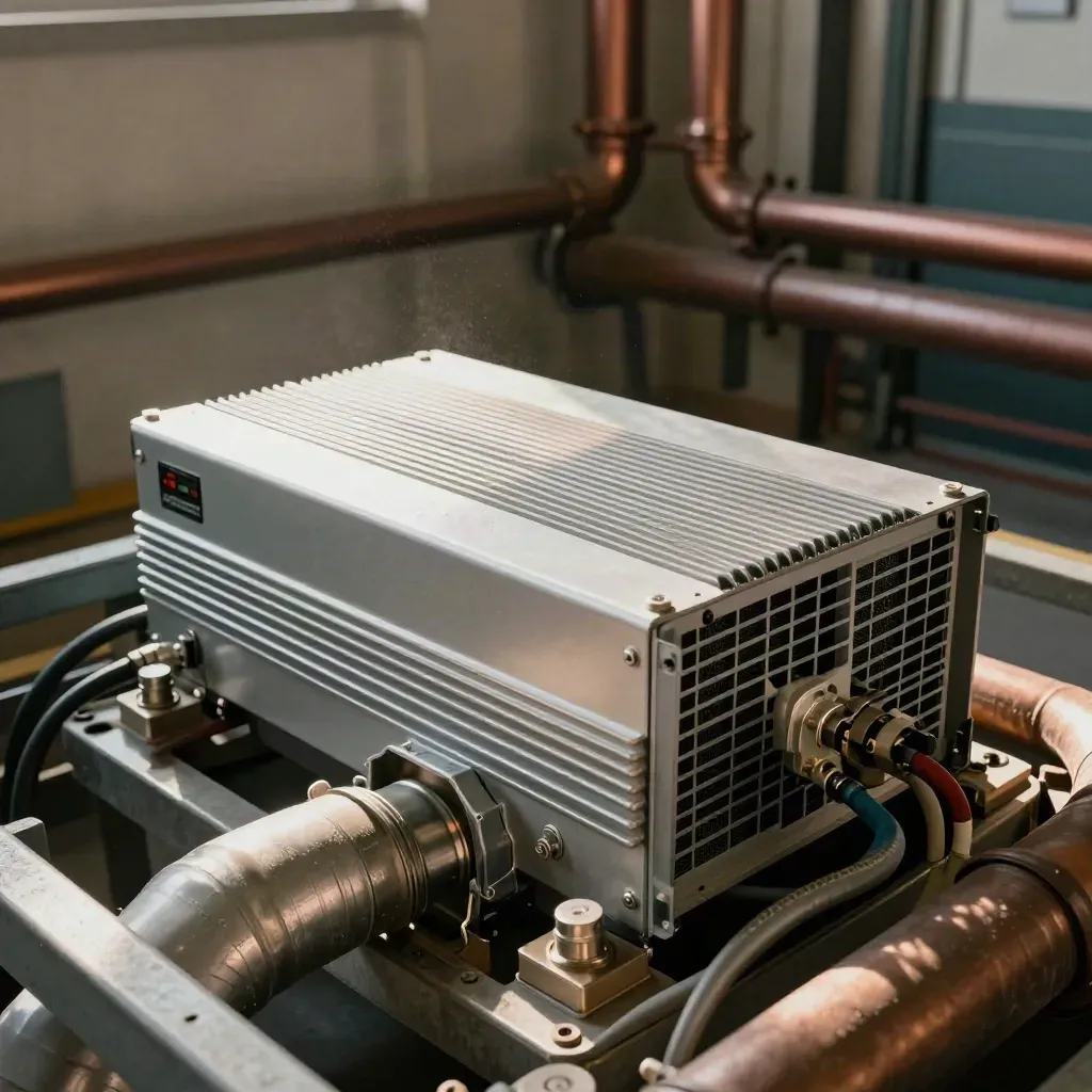 Fresh inverter swap in an office mechanical bay, with HVAC and tidy conduit in warm industrial light.
