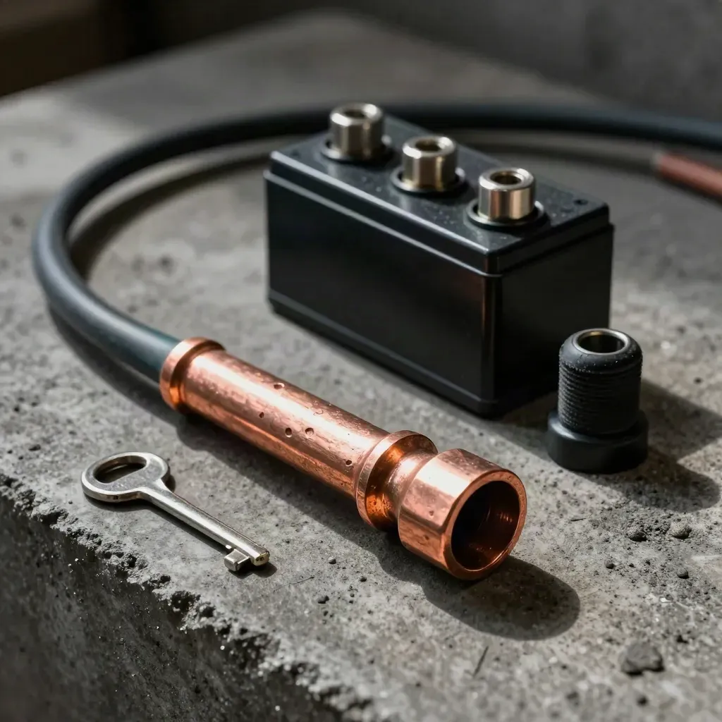 Copper battery lug, fuse block and hex keys on dark concrete under hard studio light