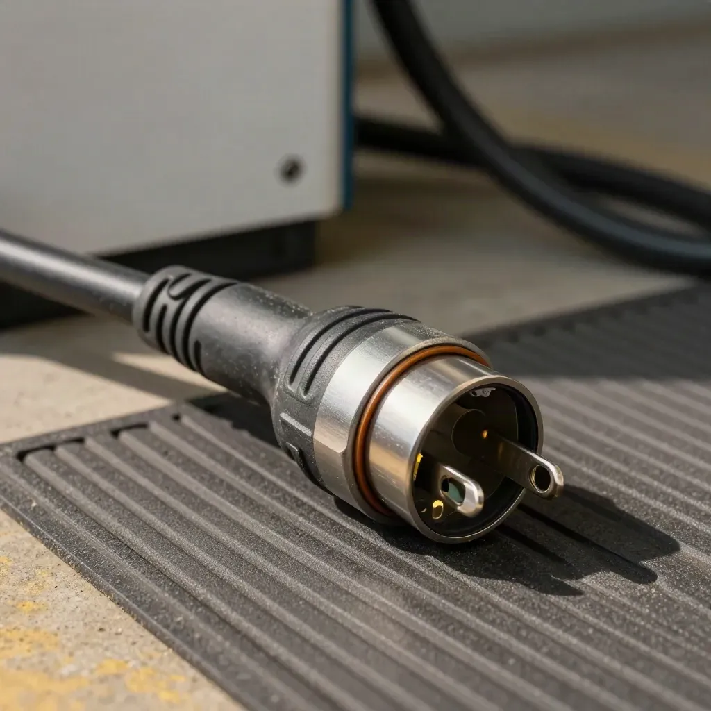 Macro flatlay of EV charging connector parts on a workshop mat