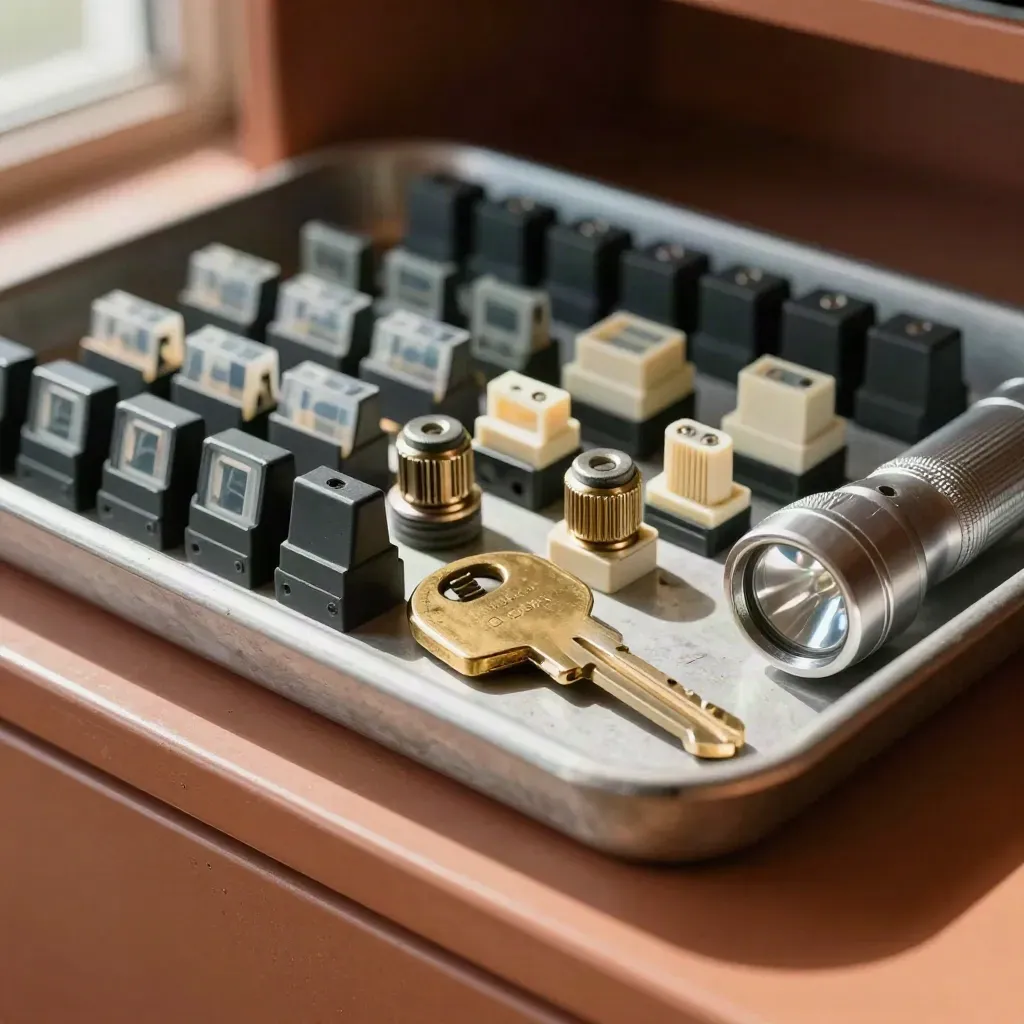 Macro tray of relays, fuses, cable glands, brass fob and flashlight on a terracotta service shelf.