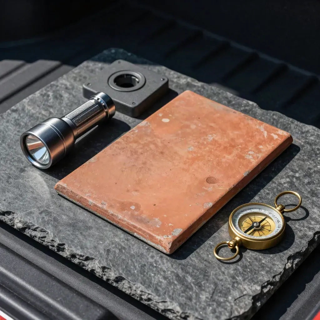Roof tile, meter cover, flashlight, and brass compass on dark stone in a site-review flatlay.