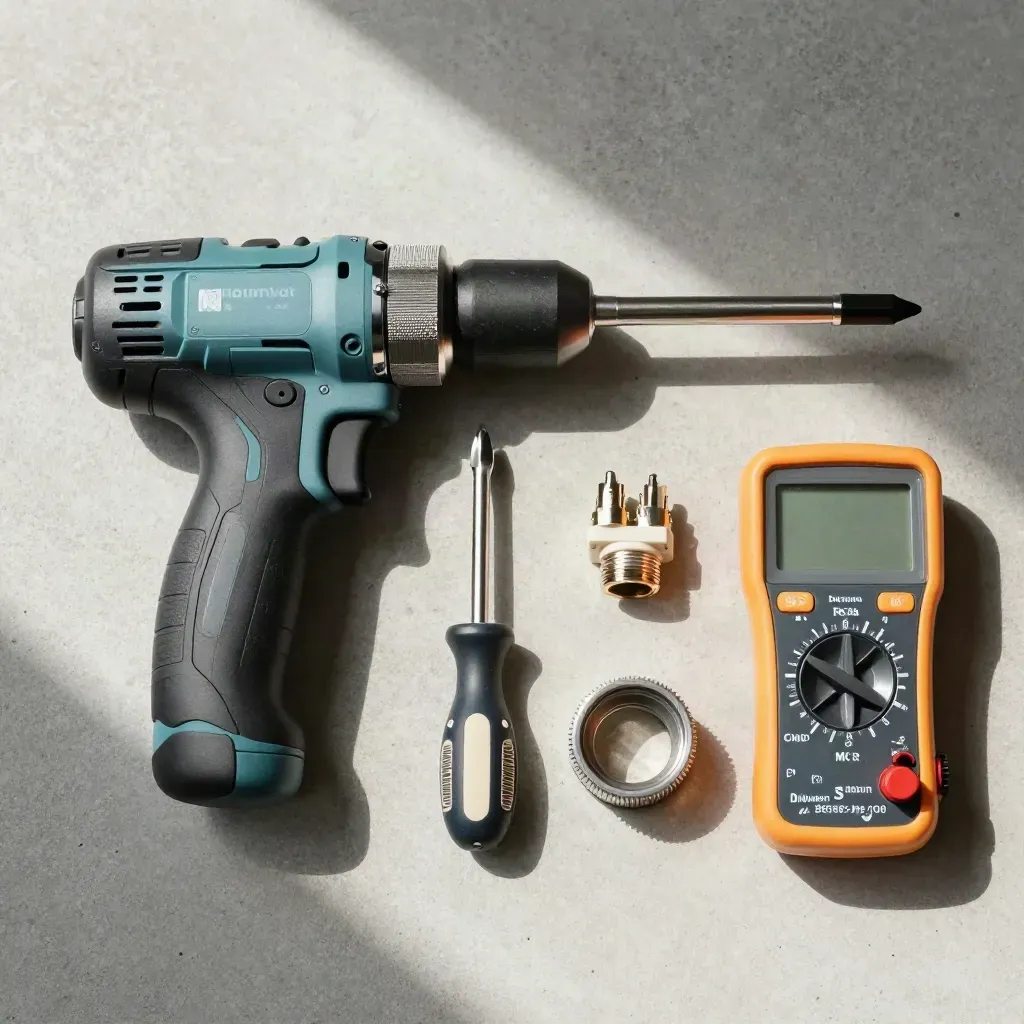 Overhead flatlay of install tools: torque driver, screwdriver, connectors, gland, and multimeter.