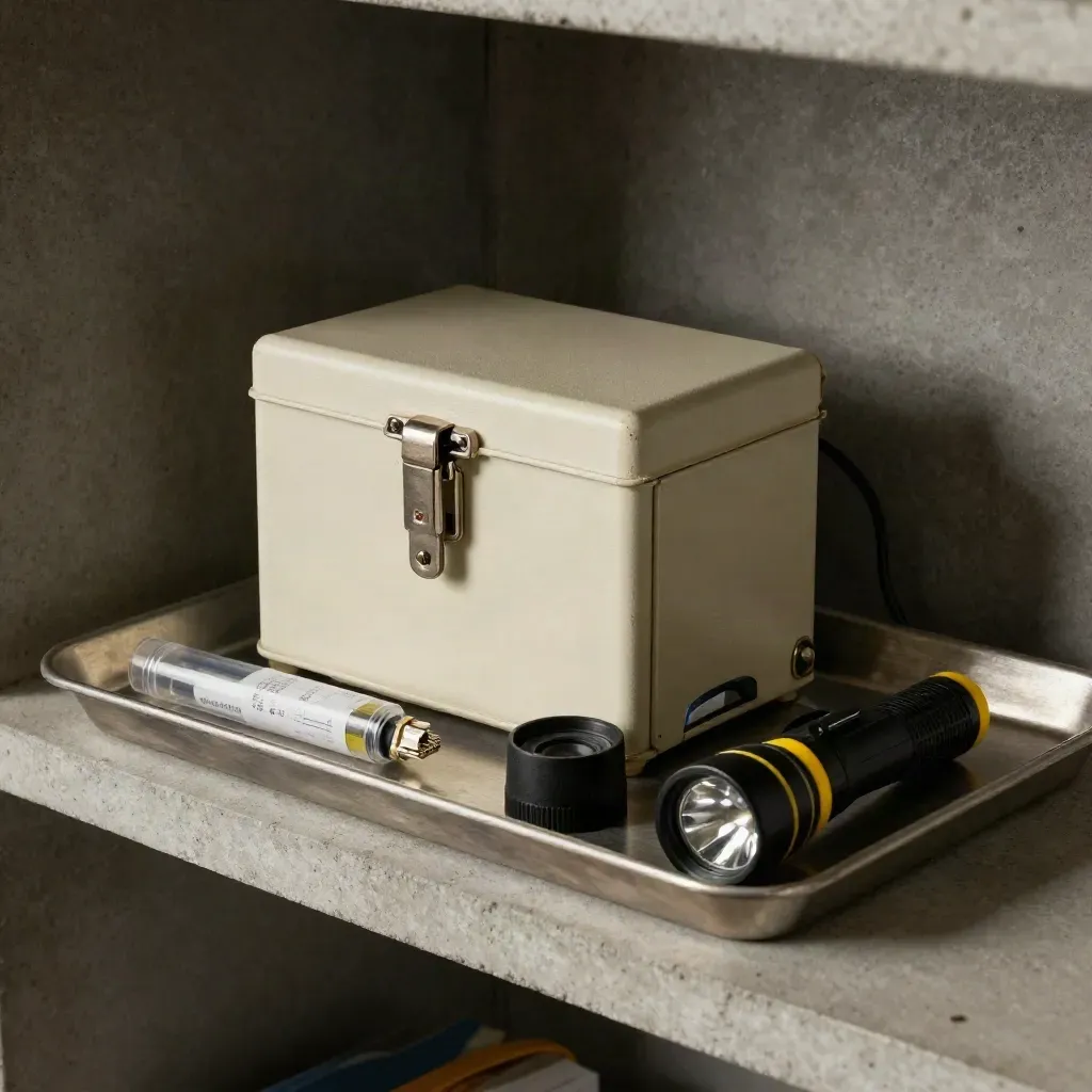 Gateway box, fuse, cable, dust cap and flashlight in a metal tray on concrete.