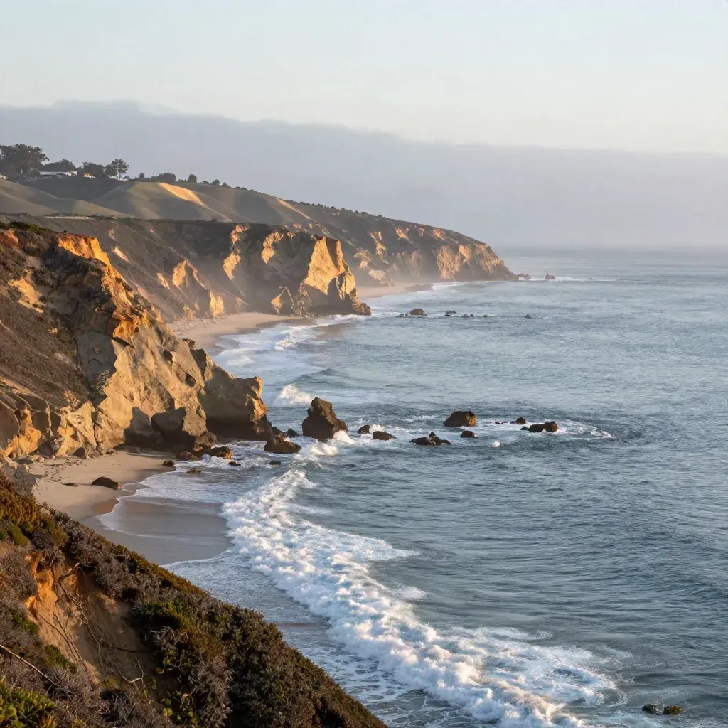 Sunlit San Diego County cliffs above pale surf and a hazy calm ocean