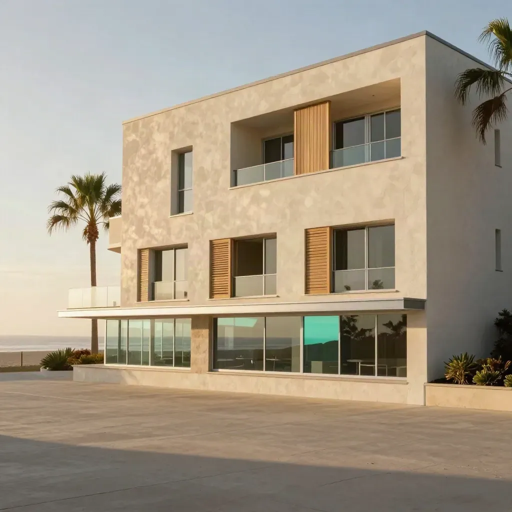 Orange County low-rise architecture in warm haze with palms and calm copy space below