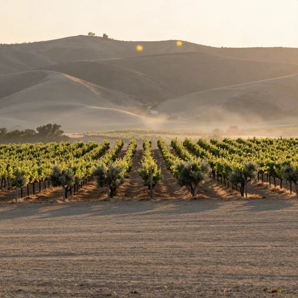 Sunset vineyard rows fade into hazy Riverside foothills and a high inland ridge.