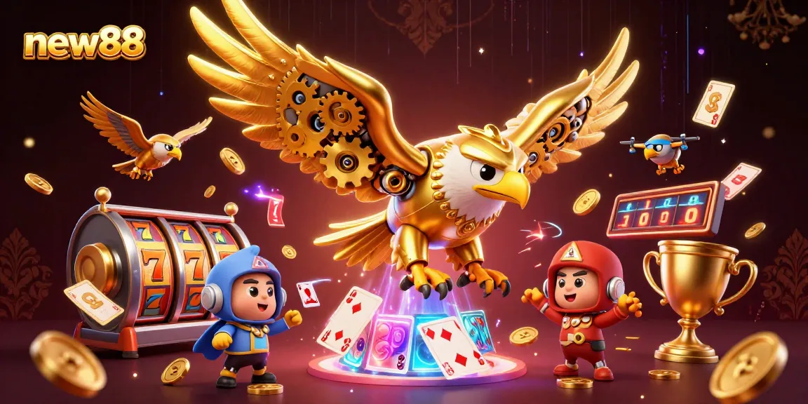 Engage with new88's thrilling casino experience featuring vibrant elements and dynamic gameplay scenes.