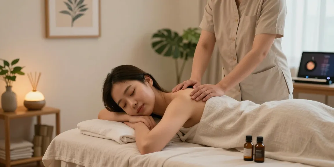 시흥출장안마로 편안한 마사지 중인 아시아 여성의 모습, 아로마 오일과 함께한 아늑한 방에서의 휴식