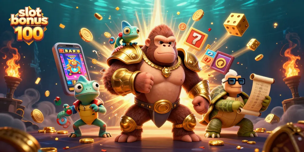 Play with slot bonus new member 100 in a vibrant casino illustration featuring characters and slot elements.