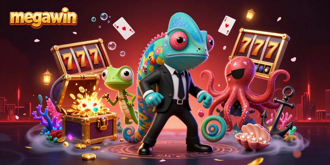 Experience the megawin excitement with a captivating scene of a chameleon, gecko, and octopus amid slot games.