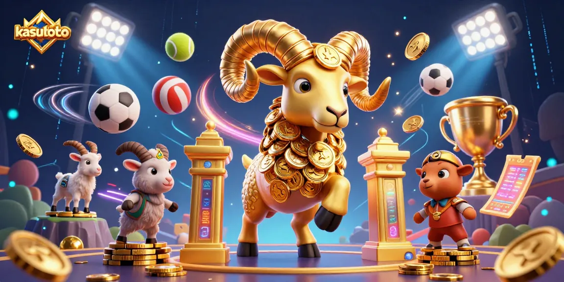 Kasustoto menyajikan ilustrasi 3D karakter domba emas raksasa dalam suasana penuh energi taruhan.