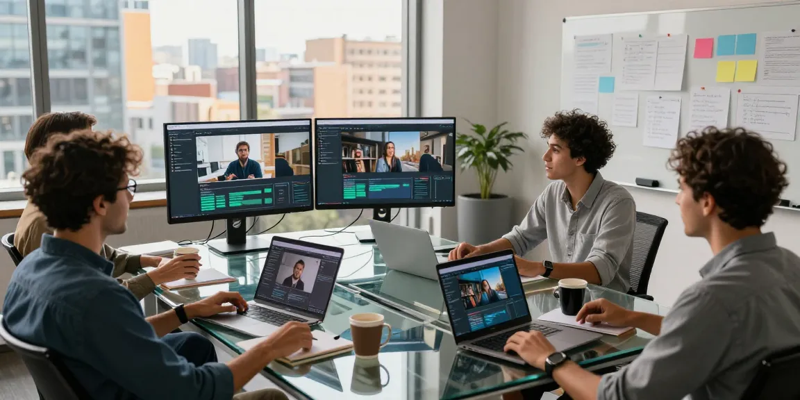 Team using video to prompt technology in a modern office workspace with dual monitors and creative collaboration.