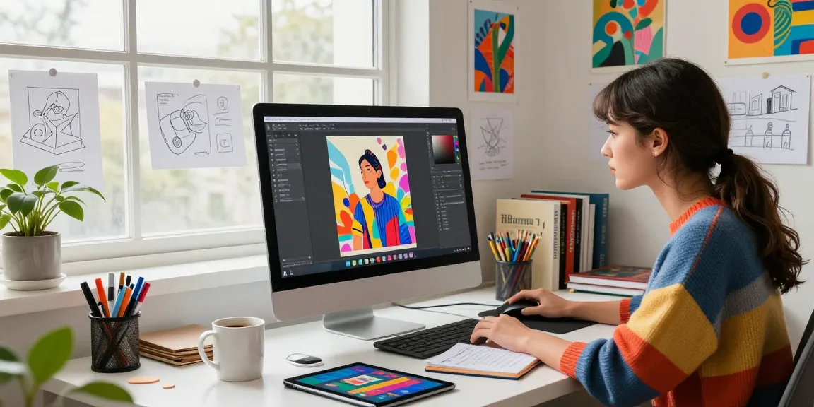 Graphic designer engaging with Nano Banana 2 AI image editor in a vibrant creative workspace.