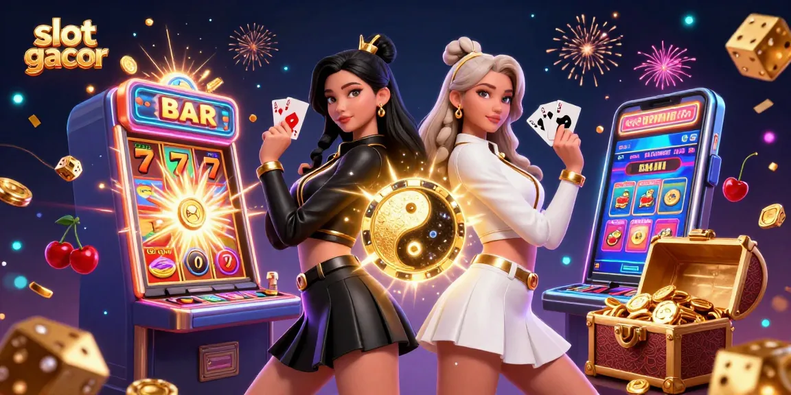 Engage with the excitement of slot gacor in an illustration featuring dynamic twin characters amidst a jackpot explosion.