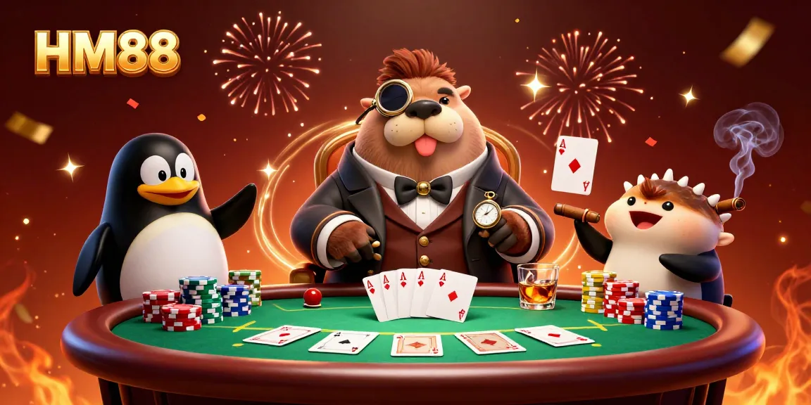 Engage with HM88’s underwater poker scene featuring a jolly walrus, sophisticated penguin, and bluffing pufferfish.