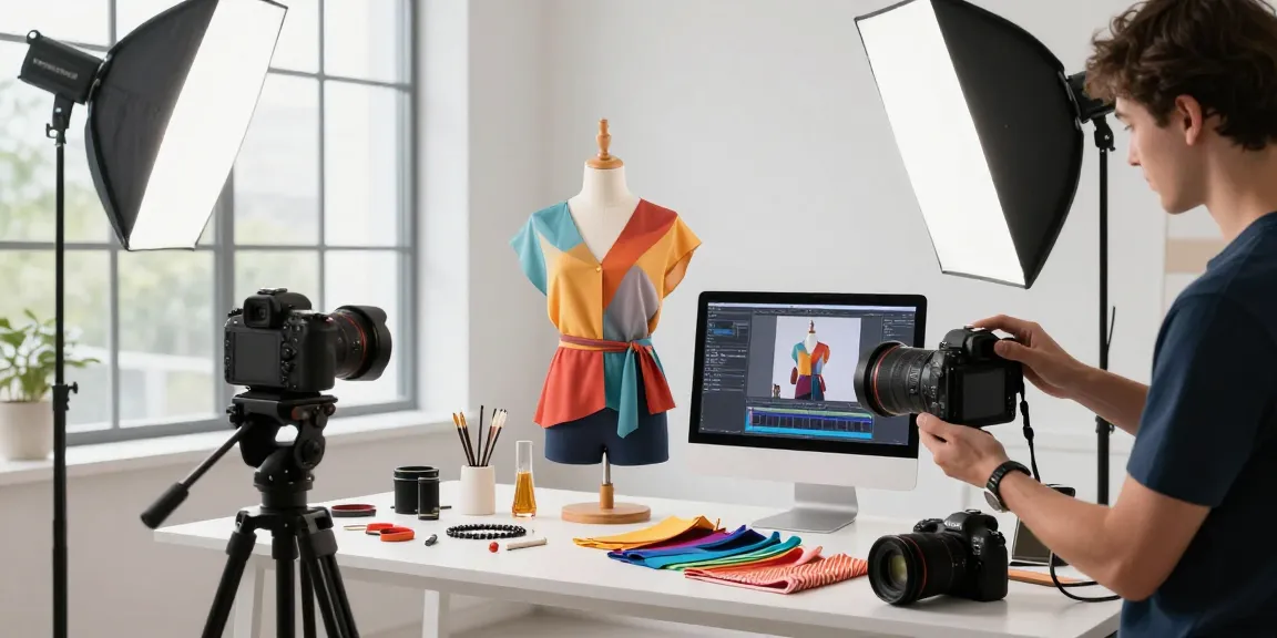 Photographe e-commerce Milan en studio, capturant des vêtements sur mannequin avec équipement professionnel.