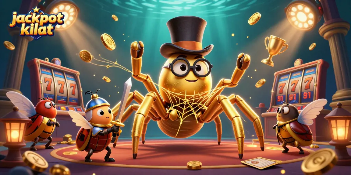 Engaging jackpot kilat illustration showcasing a giant golden tarantula and beetle knight amidst slot gaming excitement.