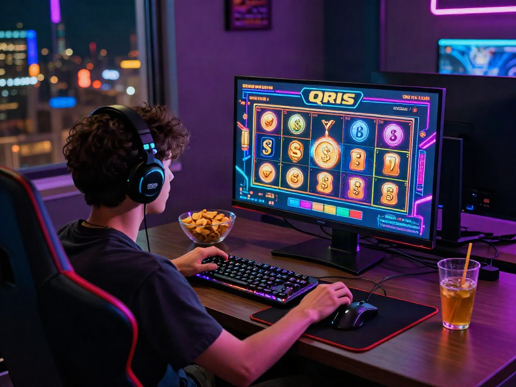 Engaged gamer enjoying slot qris games in an illuminated online casino environment, showcasing vibrant visuals and dynamic atmosphere.