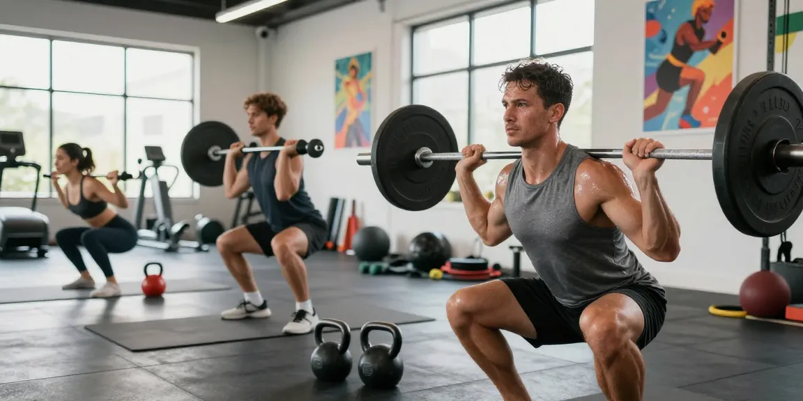 Energetic training session at Deus Medical Shop's fitness studio, showcasing diverse athletes focusing on their workouts.