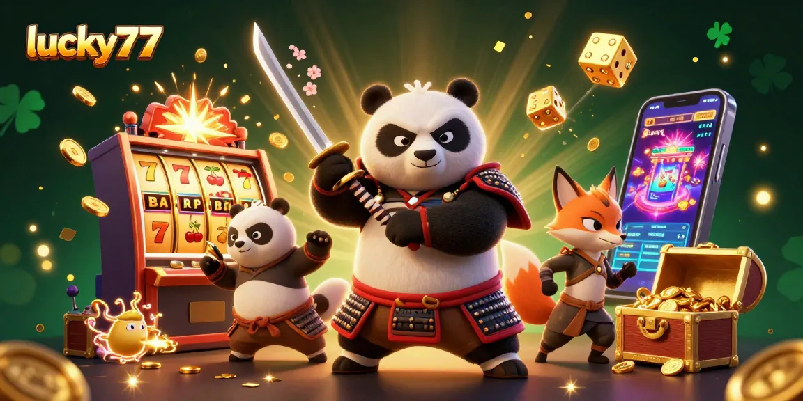 Experience thrilling action with lucky77's animated casino adventure featuring samurai panda and slot machines.
