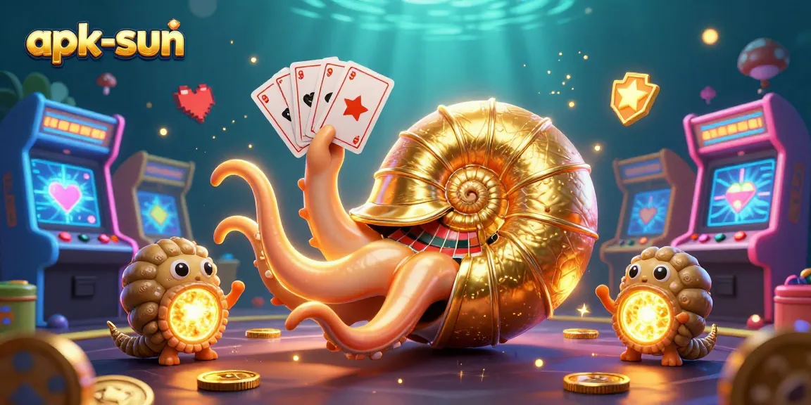 A lively scene featuring apk-sun where a giant nautilus channels the thrill of casino gaming with glowing arcade machines and radiant game elements.