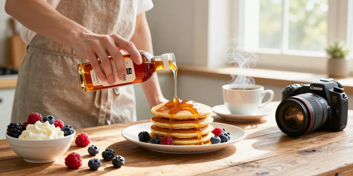 Home cook drizzling Maplelixir over fluffy pancakes in a sunlit kitchen.